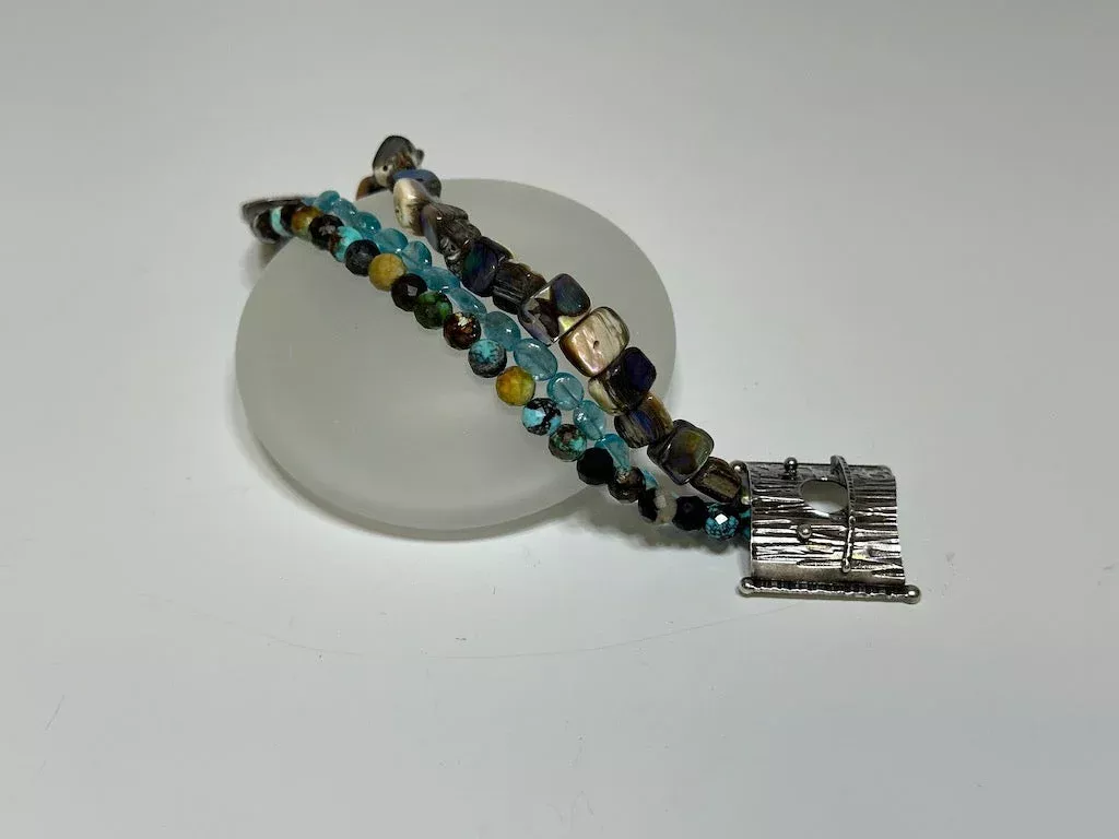 925-wildwood-triple-strand-bracelet-with-turquoise-apatite-abalone-br271 .925 WILDWOOD TRIPLE STRAND BRACELET WITH TURQUOISE, APATITE AND ABALONE BR271