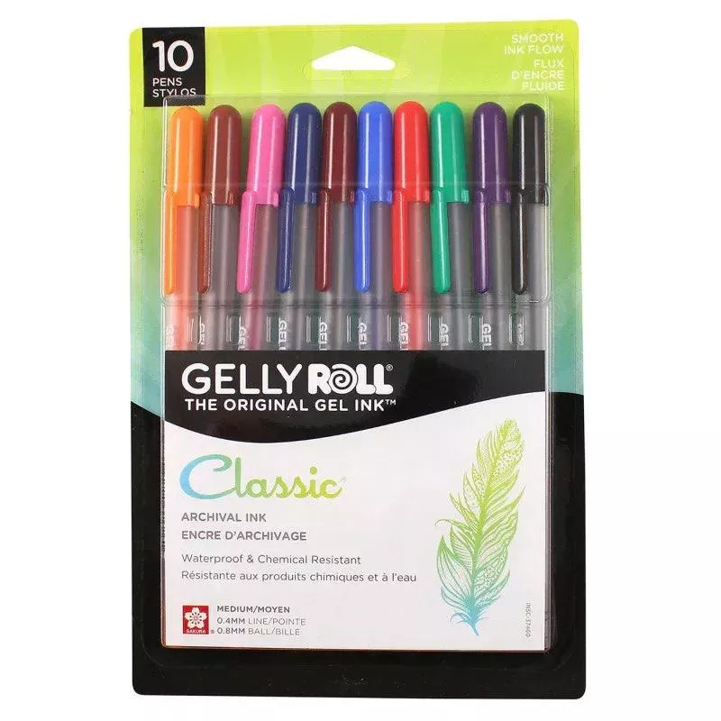 Classic Gel Pens, 08 Medium Point, Assorted Colors, 10-Pack, Blister C