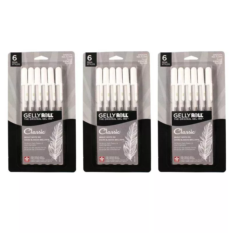 Classic Gel Pens, Assorted Sizes, White, 6 Per Set, 3 Sets