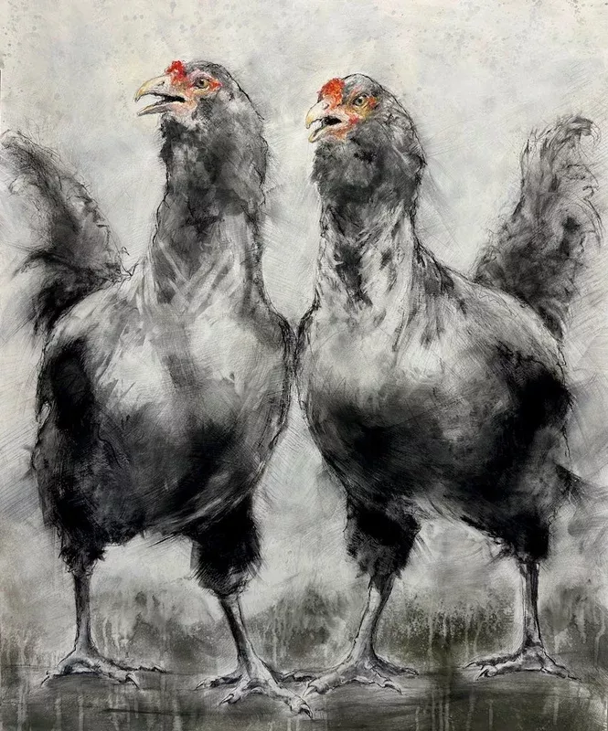"CONVERSATIONS IN FEATHERED HARMONY" ORIGINAL MIXED MEDIA DRAWING/FRAMED